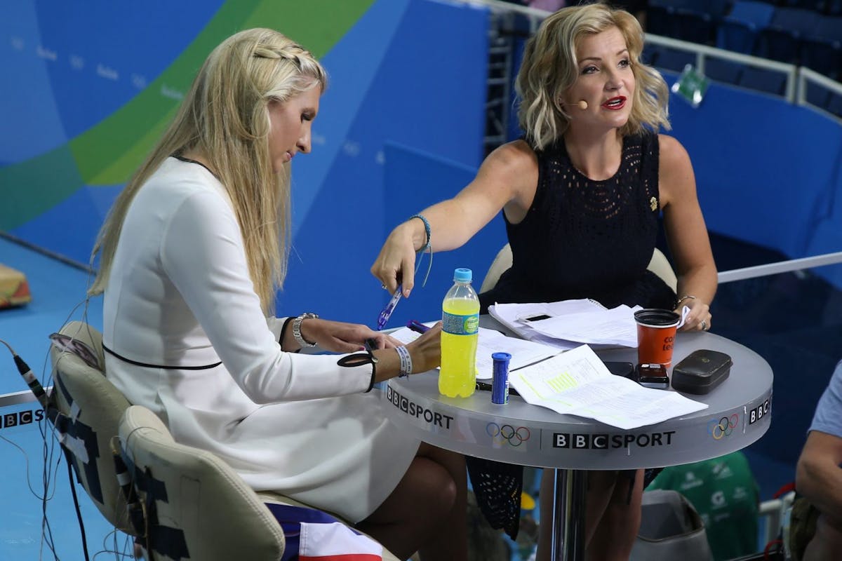 RIO DE JANEIRO, BRAZIL - AUGUST 13: Rebecca Adlington and Helen Skelton comment for BBC Sport the swimming competition on day 8 of the Rio 2016 Olympic Games at Olympic Aquatics Stadium on August 13, 2016 in Rio de Janeiro, Brazil. (Photo by Jean Catuffe/Getty Images)