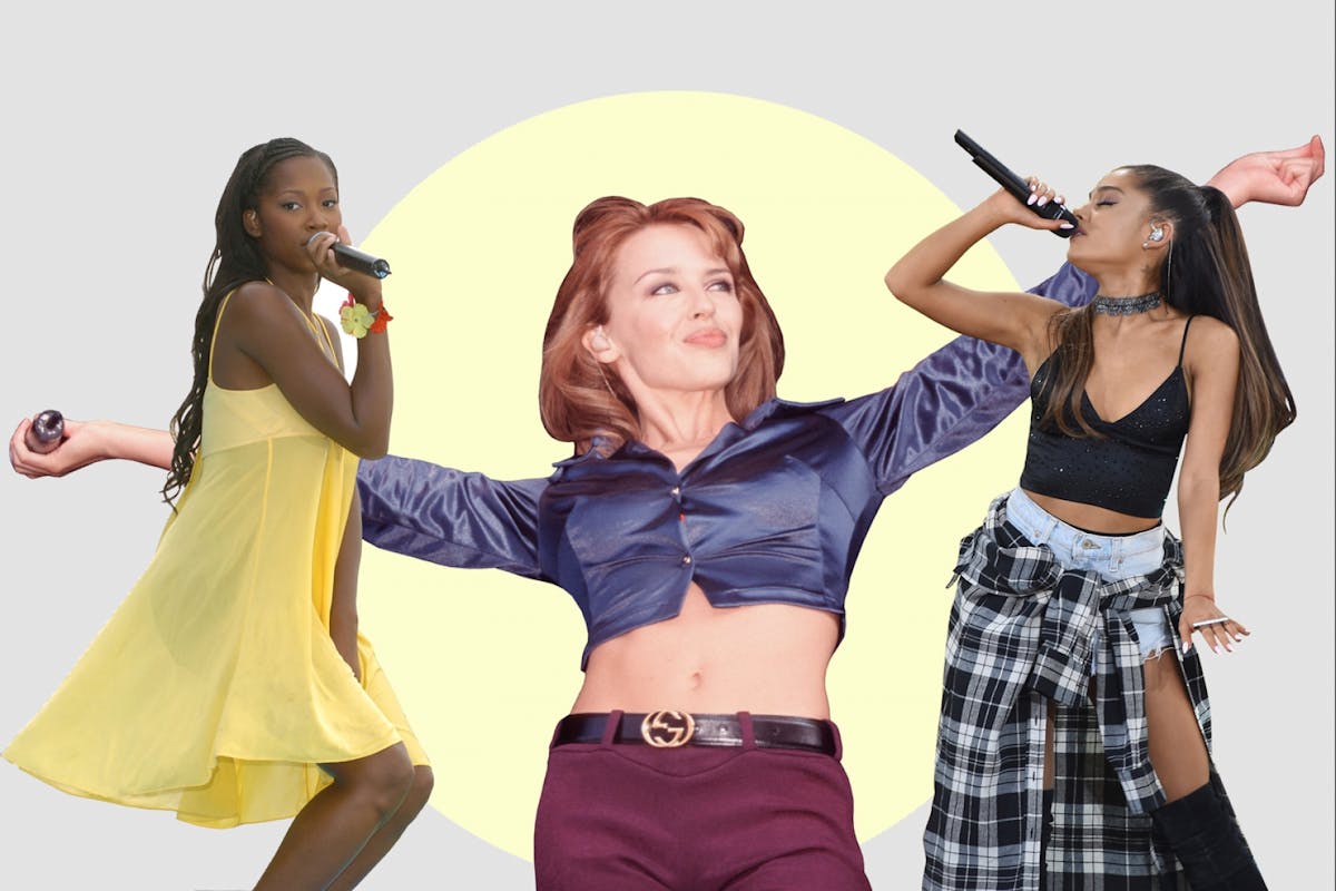 Jamelia, Kylie and Ariana Grande in a hero image for a Now That's What I Call Music 100 thinkpiece.
