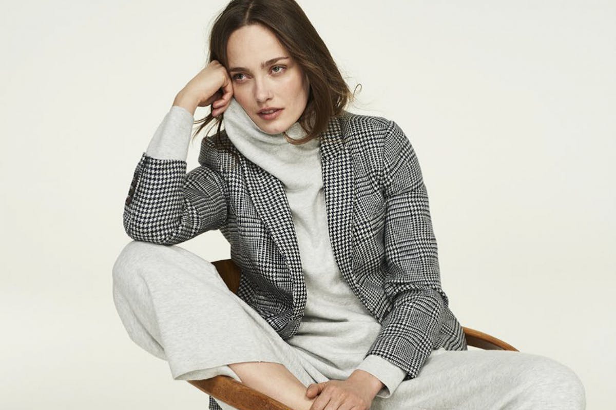 Boden cashmere roll-neck jumper grey knit high street cosy fashion style loungewear casualwear blazer trainers model
