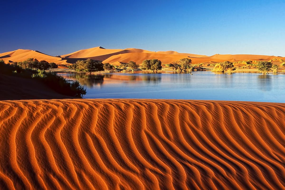 Sossusvlei View of sand dune in desert against clear sky.