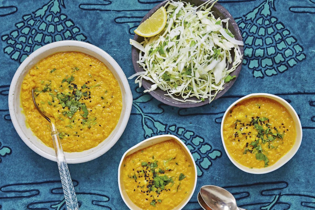 Veggie coconut dahl with red lentils and tangy slaw Healthy weeknight